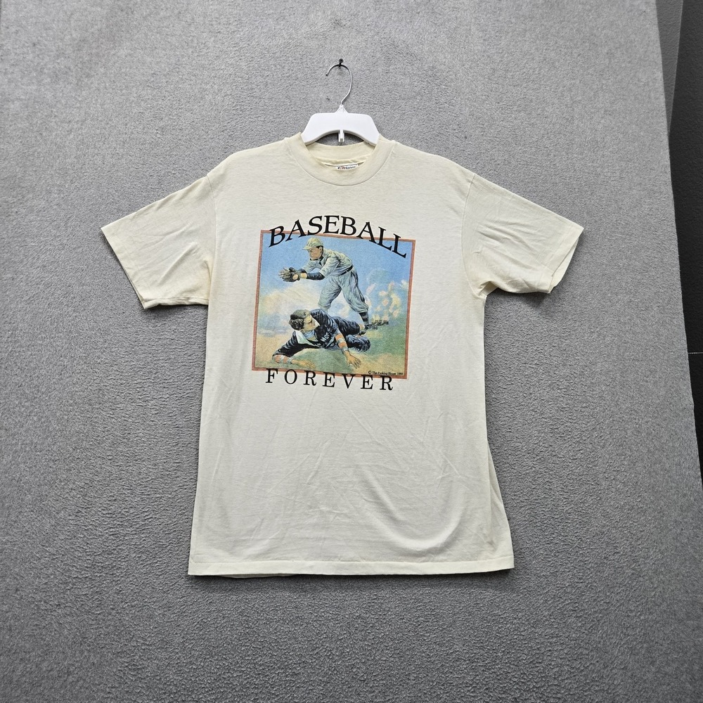 VINTAGE Baseball Forever 1989 Men Shirt L White Single Stitch Made in USA READ